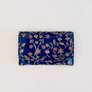 Vintage Chinese Floral Silk Embroidered Fold-Over Card Holder Wallet, Navy Blue